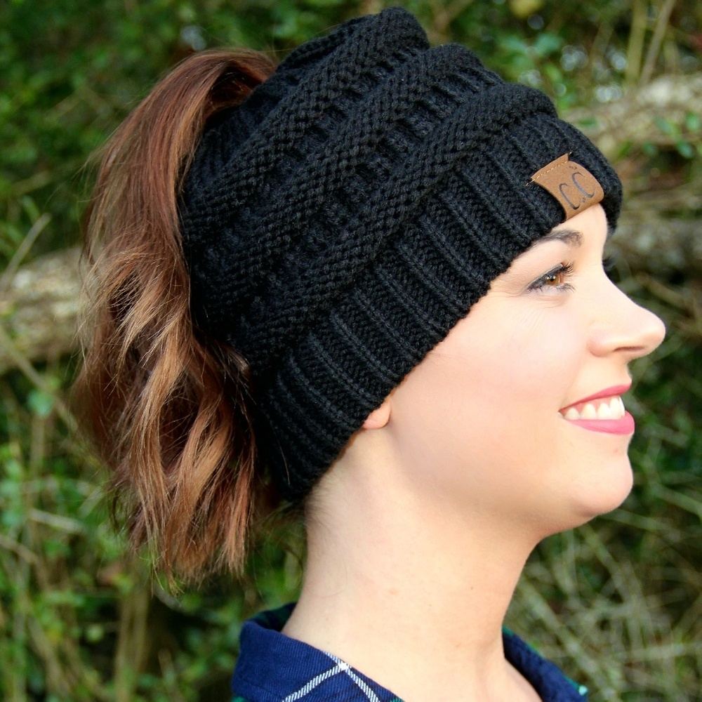 Authentic Solid Black CC Beanie - Messy Bun